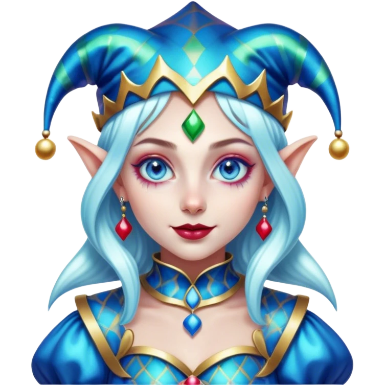 Cinematic chibi style girl in dressed like a Jester, very large glistening blue eyes, Ultra realistic 32k HD, Breathtaking piece of art, rim lighting, hauntingly beautiful art, vibrant colors, Balanced features, highly detailed digital artwork, glowing with silver light, glowing, high shine, deviant adoptable, highly detailed clothing, remembrance, a painting of white silver, fanciful, enchanting, ghostly, embodying the essence of both reality and fantasy, dreamy, dreamy glow, optical illusion, immaculate composition, complex pose, air composition. The image is so lifelike that it feels as though it could leap off the canvas at any moment emoji