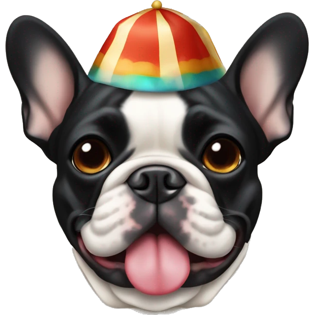Black-and-tan French bulldog wearing a clown hat emoji
