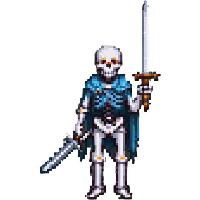 pixel art skeleton with a raised sword, classic RPG style emoji
