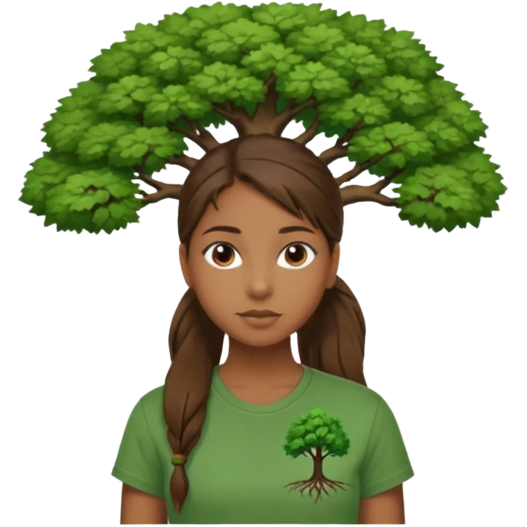 Make a zumba coach emoji, brown eyes, brown hair girl, green shirt withe "the roots" on it, longer pony tail hair, add the tree logo for the roots emoji
