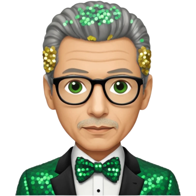 Jeff Goldblum with gray hair, dark green sequin suit with bow tie emoji