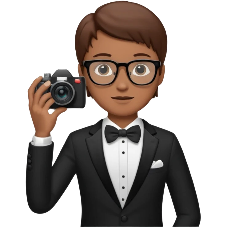 Un fotógrafo con pelo moreno, gafas, cámara en la mano derecha, fotografiando una boda emoji