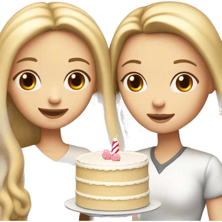 Girl with long blond hair and white girl with brown straight hair are holding big white cake emoji