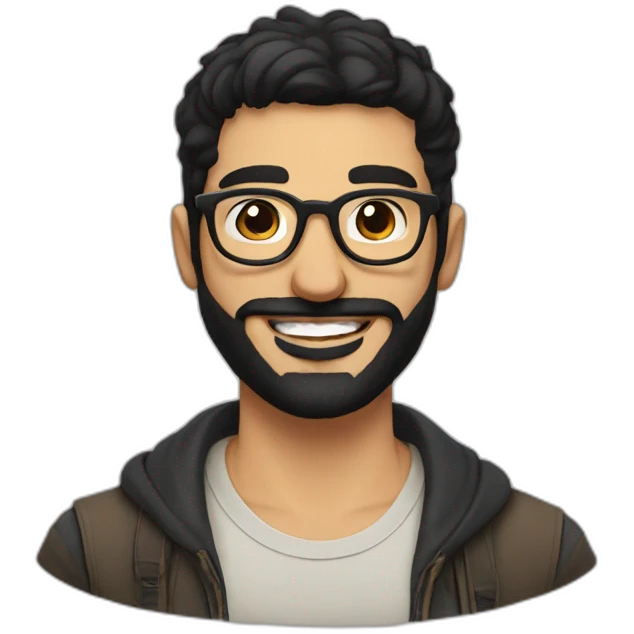 Arabic man, very short black hair, round hipster glasses, dark beard and mustache, round-ish face, brown eyes, beautiful smile emoji