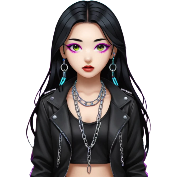  korean-techno-dj-girl,-wearing-a-stylish-edgy-outfit-with-metallic-chains,-long-black-hair,-performing-in-a-neon-lit-underground-club,-cyberpunk-aesthetic,-high-detail-3d-emoji-style,-energetic-and emoji