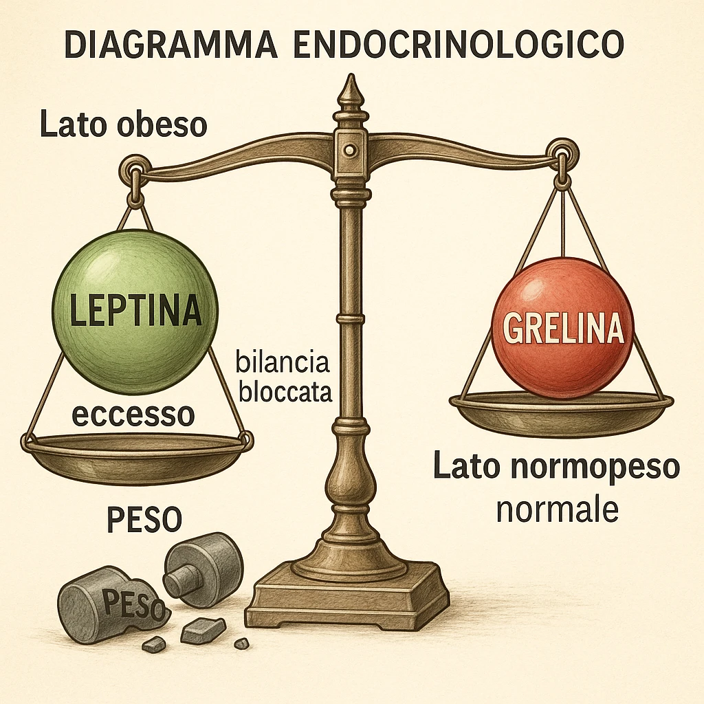 Diagramma endocrinologico in italiano: bilancia con leptina (verde) e grelina (rossa). Lato obeso: etichetta 'Lato obeso', leptina in eccesso, bilancia bloccata, pesi rotti con la scritta 'Peso'. Lato normopeso: etichetta 'Lato normopeso', equilibrio perfetto, grelina normale. Tutte le scritte interne sono in italiano. Illustrazione clinica, dettagliata, 4K. Style: endocrinologico, medical illustration, detailed. emoji