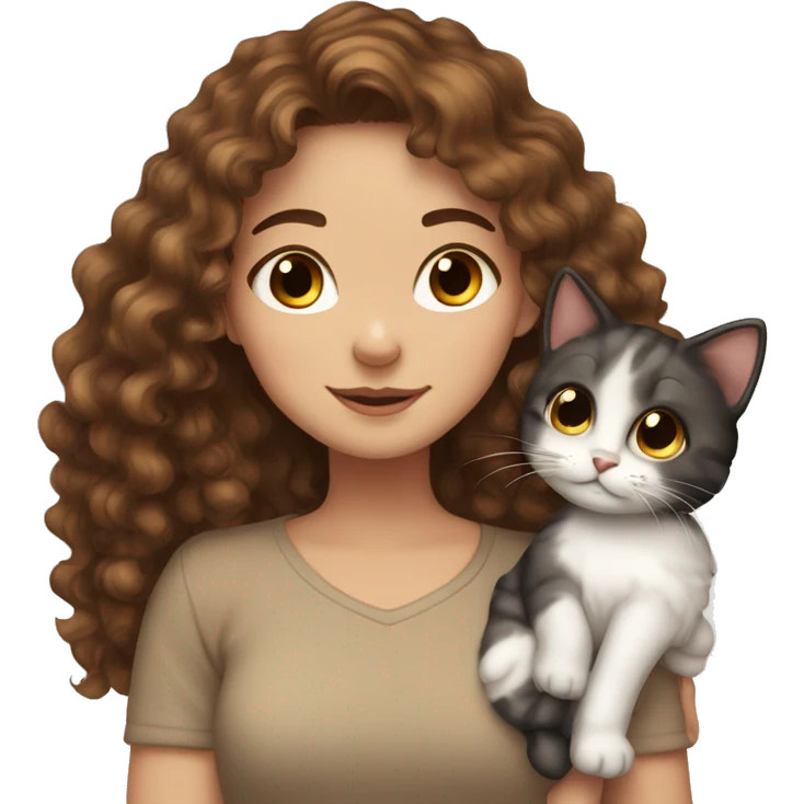 White girl Brown curly hair hug calico cat emoji