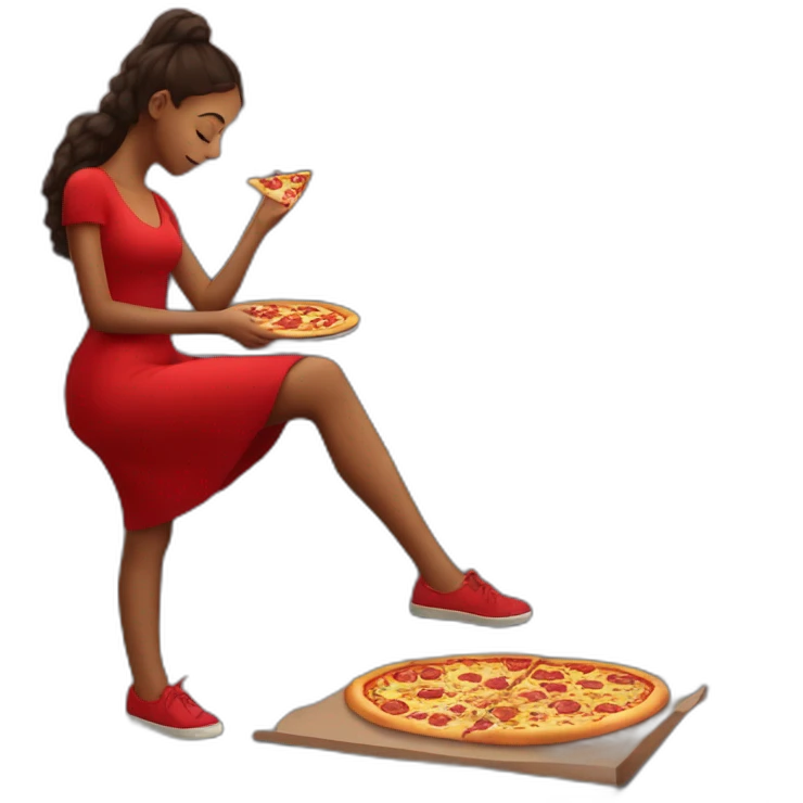 girl in a red dress goes through the city at the evening and eats pizza emoji