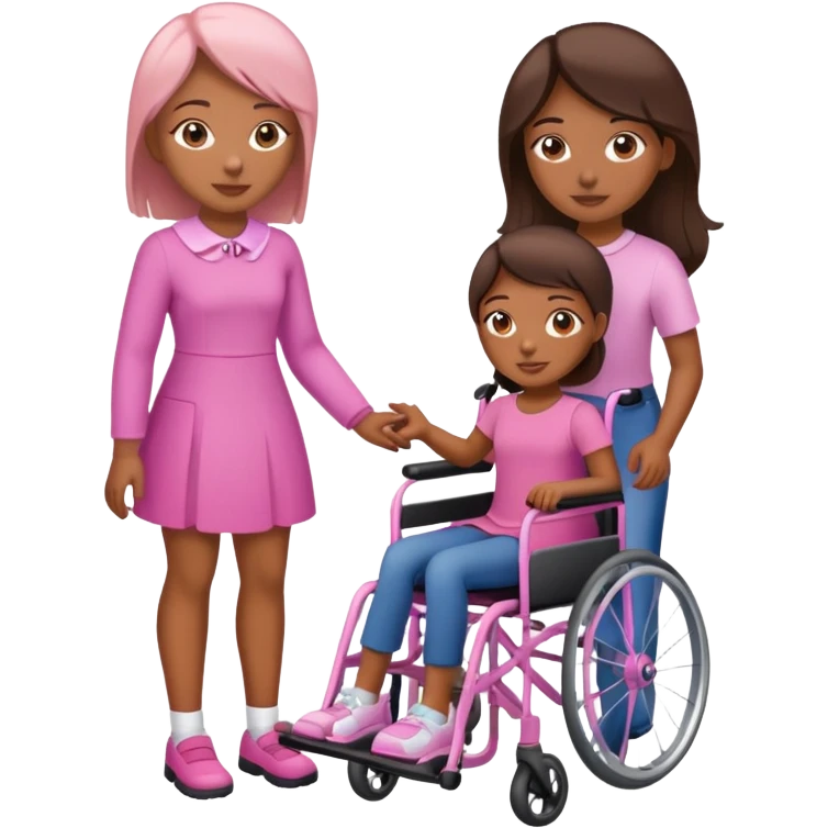 One tan skin sister standing behind her brown skin sister in a pink wheelchair emoji