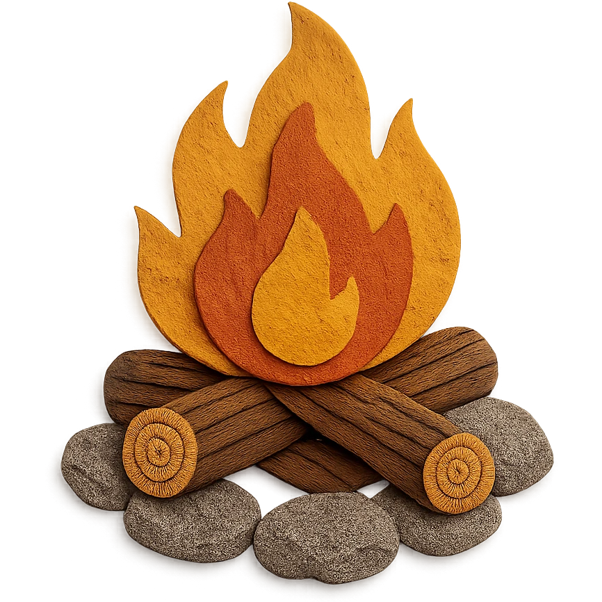 very detailed campfire, highly textured flames, realistic wood logs, textured rocks surrounding the fire, paper craft style emoji