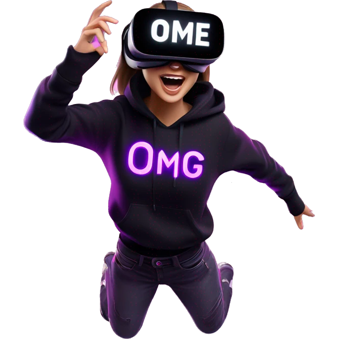 Russian girl wearing black hoody with violet letters "OMG", in vr headset oculus quest2. jumping. Cyberpunk style. Violet neon. emoji