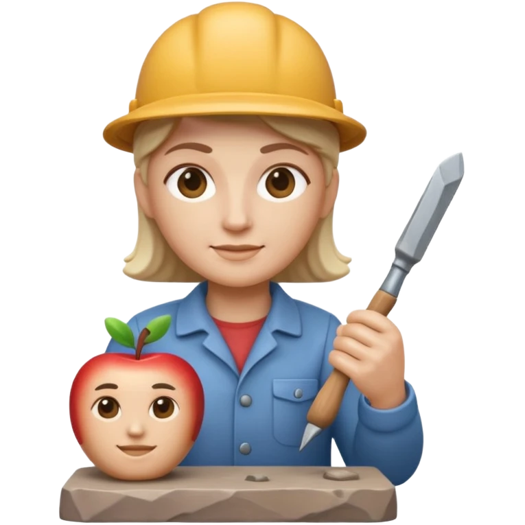 Apple Memoji-style 3D emoji of a sculptor with a small statue and chisel, smooth gradients, rounded edges, no background.during sculpting rock emoji