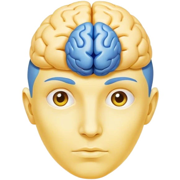 An adult person face emoji, skin is emoji yellow, with blue brain instead of hair emoji
