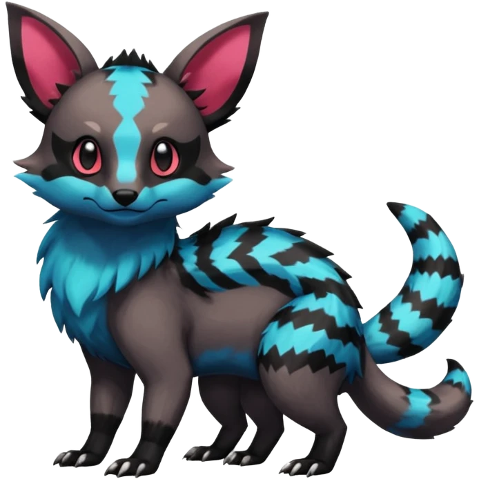 Rare exotic cute epic aesthetic colorful Salandit-Eevee-Civet-species-Fakemon-hybrid-creature, with markings, full body emoji