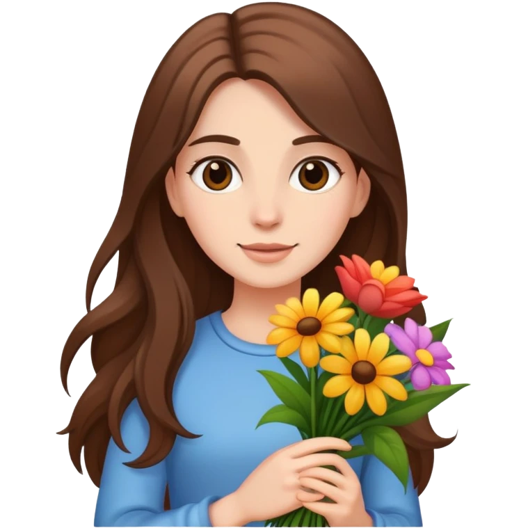 A cool girl with long brown hair and fair skin holding a bouquet of flowers emoji