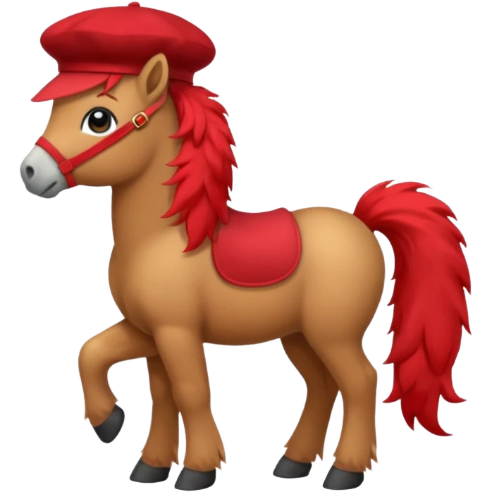 A cute pony (horse) emoji, full body, standing in side view, wearing a stylish red beret. emoji
