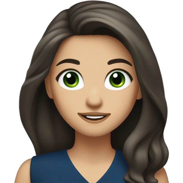 a brunette with long hair and green eyes in a dark blue dress winks emoji