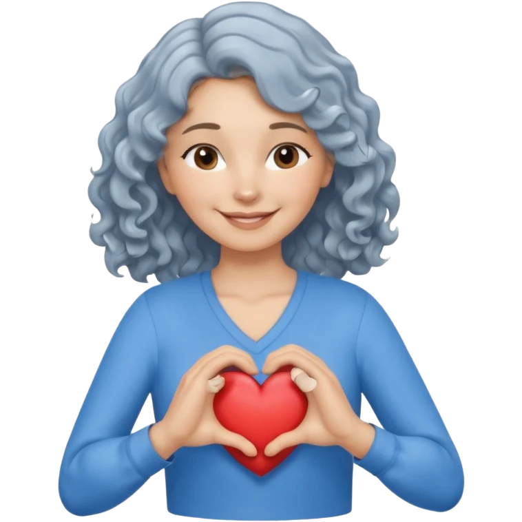 Silver hair, wavy/curly hair chin-length lady giving hug with 2 arms,  v-neck and smiling, add a heart, blue shirt emoji