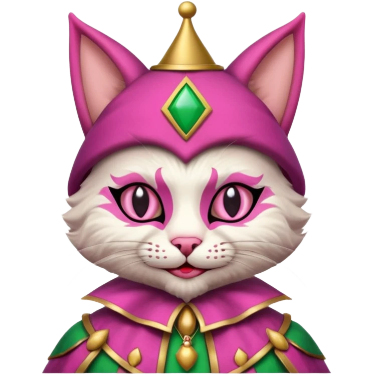 court jester cat medieval, single poker card joker, pink, face only emoji