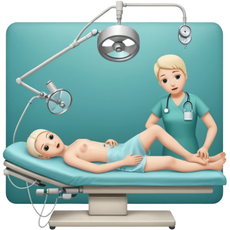 A colonoscopy procedure in progress in a clean, clinical operating room, showing a patient lying on an examination bed while the procedure is being performed, realistic medical environment. emoji