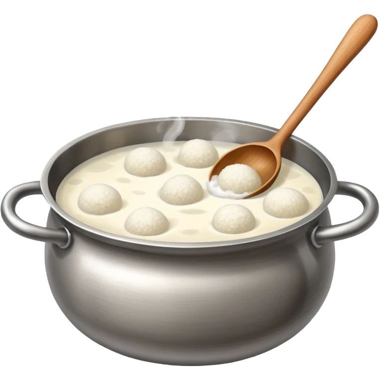 deep stainless steel pot with boiling water and floating glutinous rice flour balls and one wooden spoon emoji
