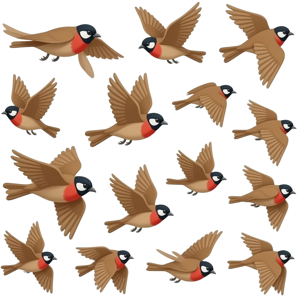 A 2D render iPhone emoji icon of a detailed Brown and red color 3D Render iPhone emojis of a flock of brown and red color songbirds flying in the air emoji