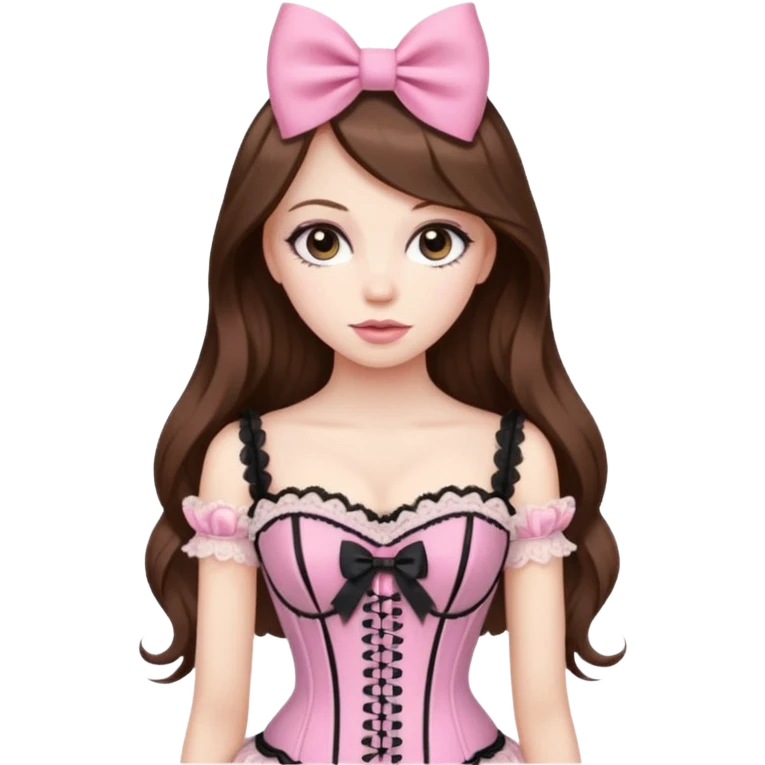 pretty, brown long hair, pale skin, eyeliner, pink bow, corset lace clothes emoji