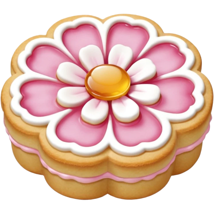 Realistic shortbread cookie in the shape of a camilia flower with pastel pink color jelly middle filling andkled powder sugar on top.emoj sprini emoji