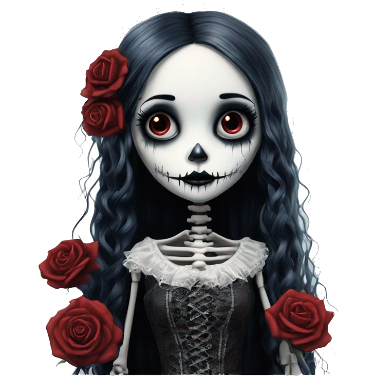 full body, hyper realism, full height skeleton, tim burton "corpse bride", thin porcelain doll with a cracked face, goth makeup watery eyes, long hair, lace and ruffles, lolita style, inked, black and white, red roses emoji