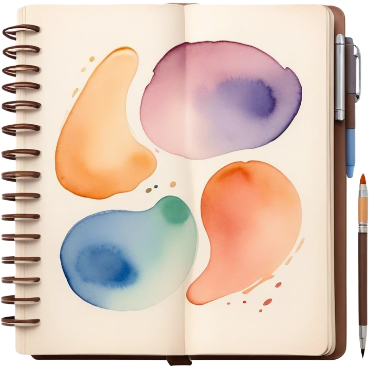 Cinematic Realistic image of an open sketchbook accompanied by a set of translucent watercolors, with delicate pigment stains and soft, flowing brushstrokes, captured under gentle, diffused lighting that highlights creative fluidity emoji