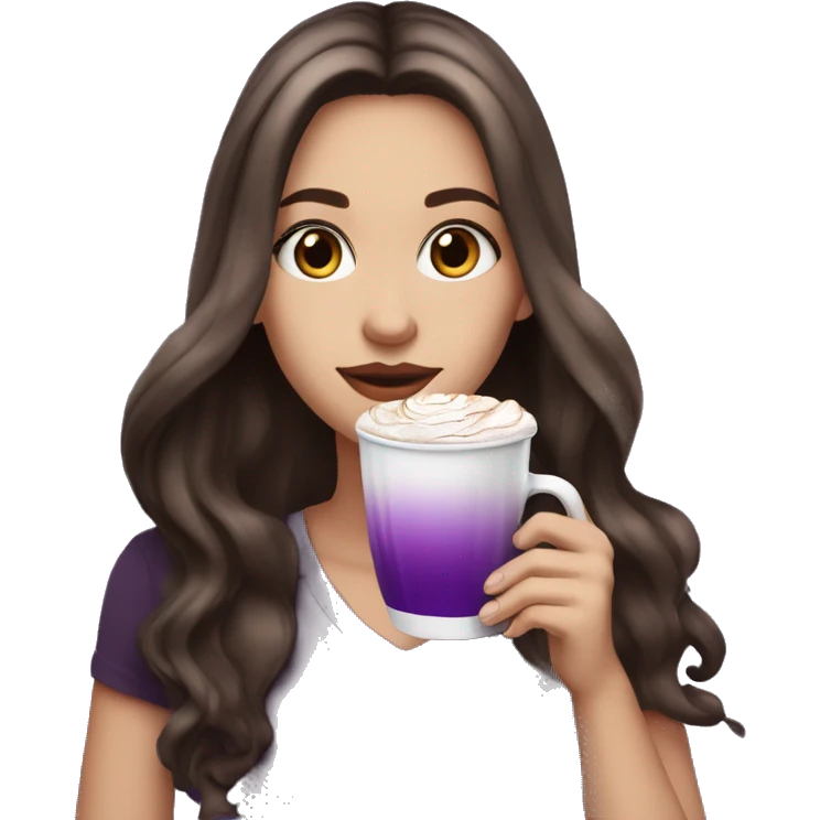 white girl with dark brown long hair with purple ombré at the tips and a hot chocolate emoji