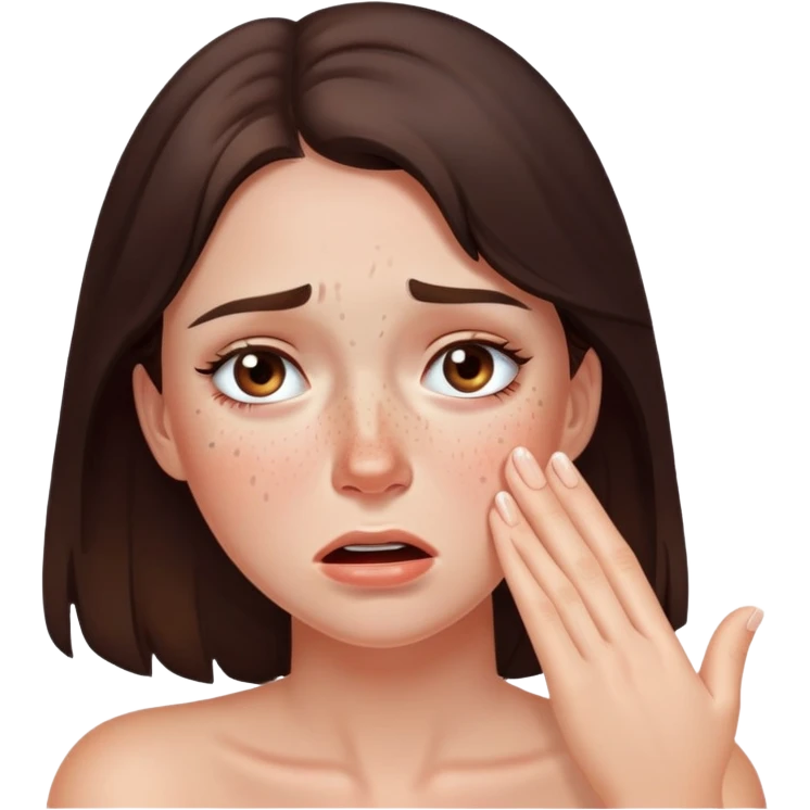Beautiful brunette girl with freckles crying emoji