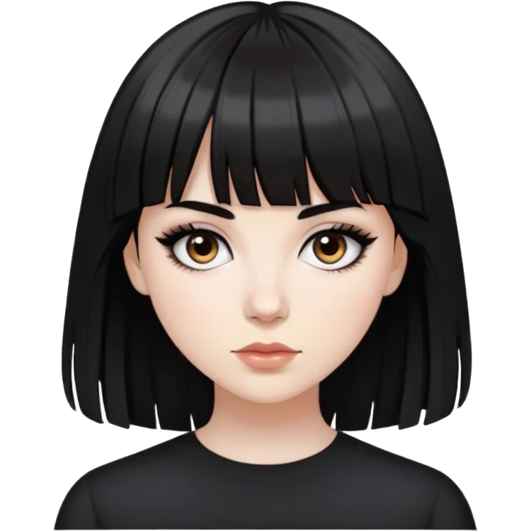 a white girl with black hair and bangs, dark brown eyes and eyeliner emoji