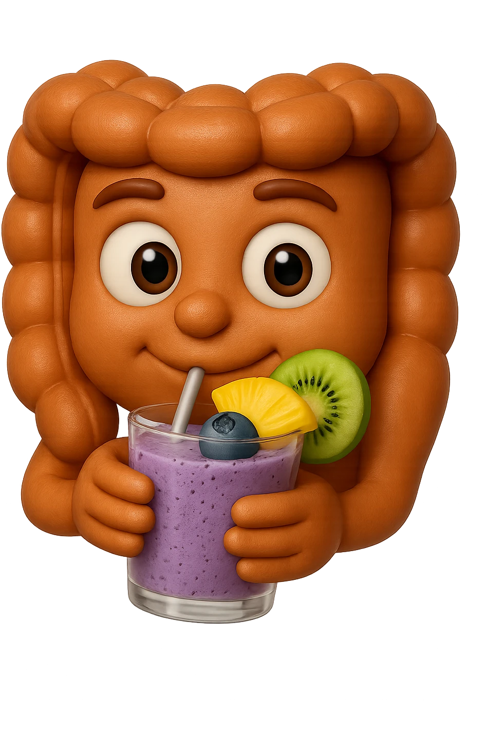 EMOJI STILE IPHONE DI un intestino umano anatomico che beve un frullato di mirtilli, ananas, kiwi, fagli anche la parte bianca degli occhi, non solo le pupille, REALISTICo 4K emoji