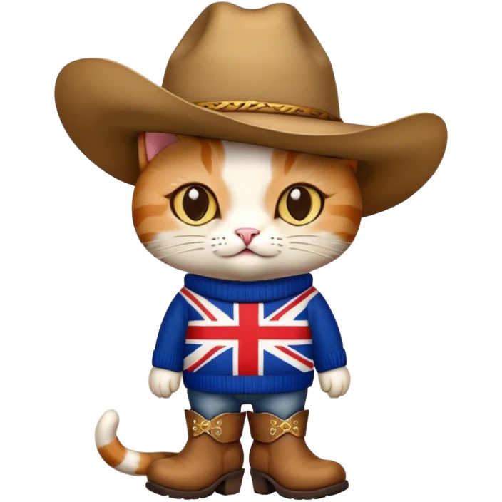 cat wearing union jack sweater and big cowboy hat and cowboy boots emoji