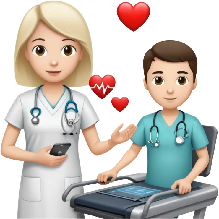 treadmill, patient in hospital gown, heart monitor, and doctor emoji