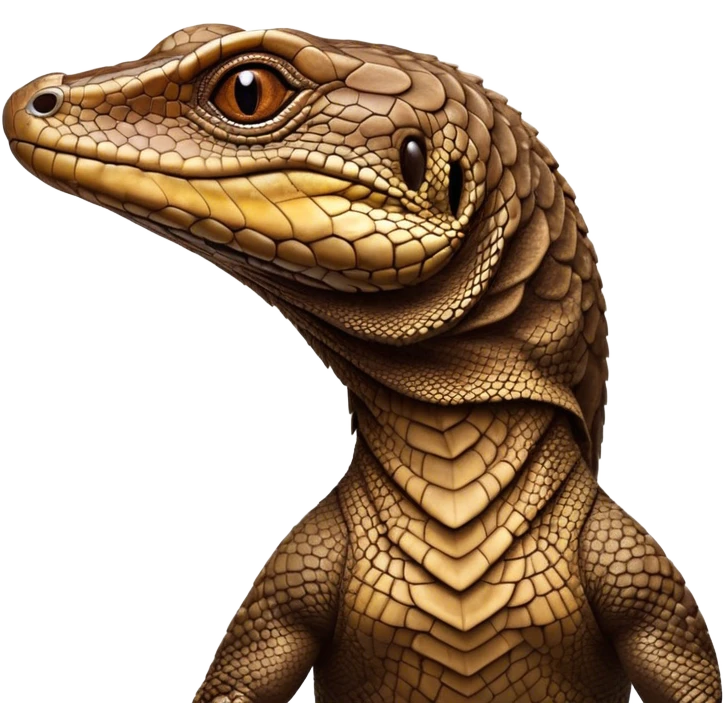 Cinematic Noble brown monitor Lizard Portrait Emoji, Poised and regal, with a robust, scaled body exhibiting striking, mottled patterns and piercing, alert eyes, Simplified yet sharp and sophisticated features, highly detailed, glowing with a soft, earthy glow, high shine, intelligent and formidable, stylized with an air of ancient wilderness, focused and commanding, soft glowing outline, capturing the essence of a watchful and confident reptilian guardian that appears ready to stride out of the screen with effortless authority! emoji