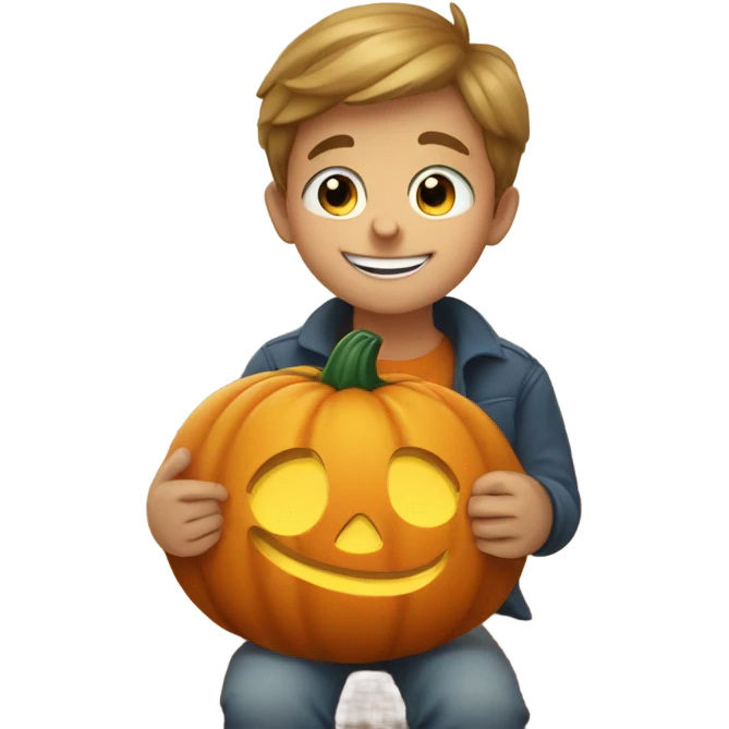 blue eyes boy sitting with pumpkin smile emoji