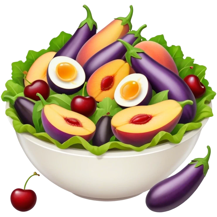 Salad in a salad bowl with only eggplants, cherries and peaches. emoji