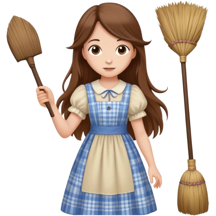 girl with long brown hair in cottagecore dress, pointing accusingly with a broom emoji