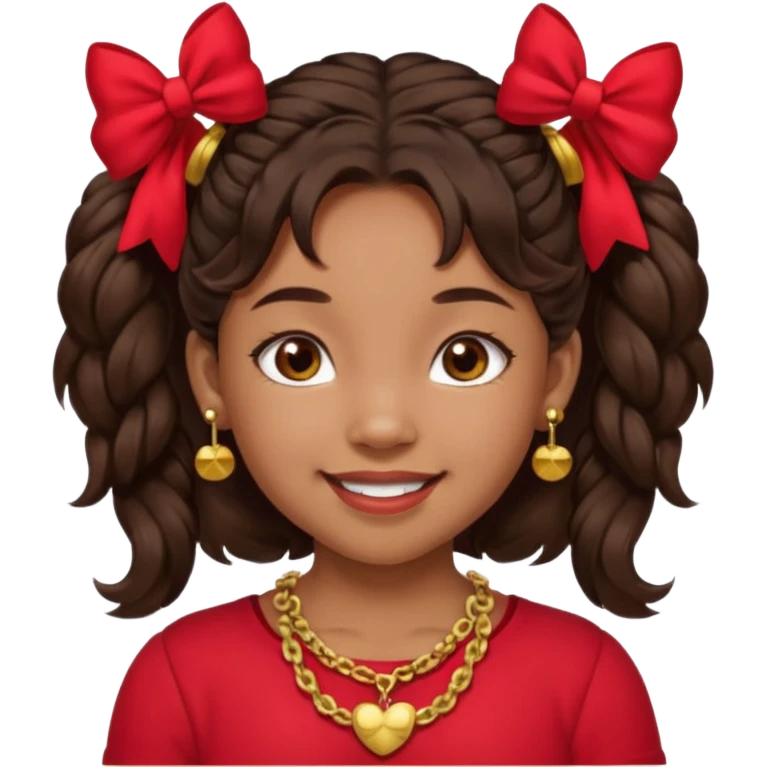Brownskin girl dark brown hair fluffy. pigtails with red bows brown eyes smiling closed mouth red shirt gold esrrings gold necklace emoji