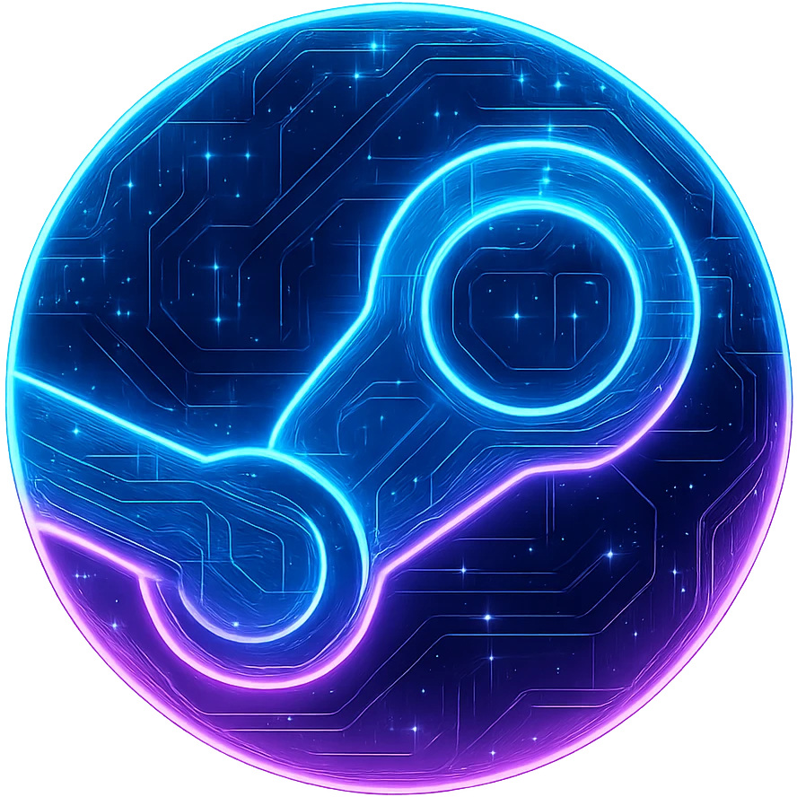 Transform the Steam icon into a cyberpunk, holographic style with glowing neon blue and pink edges and circuit patterns throughout the entire icon, including both the circle and the Steam logo inside. The whole icon should have a futuristic, clean look with neon glow and intricate circuit effects, matching the style of previous cyberpunk folder and file explorer icons. Use a transparent background outside the circle. emoji