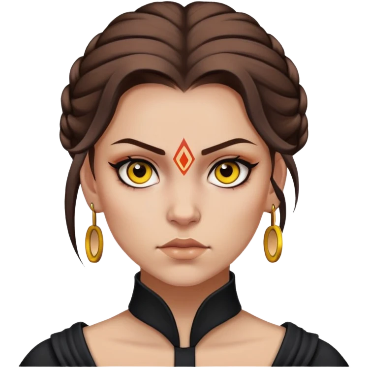 A Sith girl with brown hair, yellow eyes, a circle tattoo near her right eye, and a hairstyle pulled back with strands  emoji