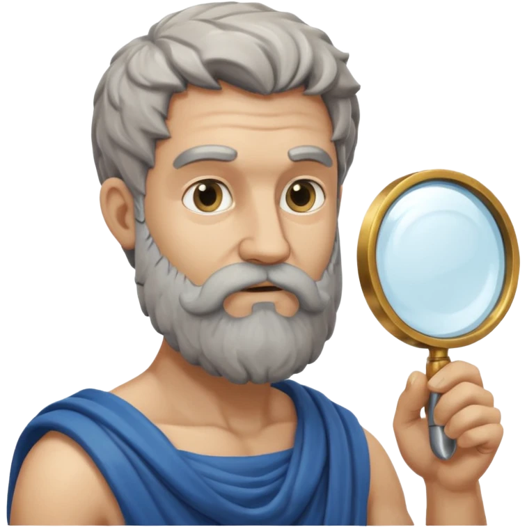 Dios griego con barba estilo estatua de color gris, de perfil mirando con una lupa de emoji