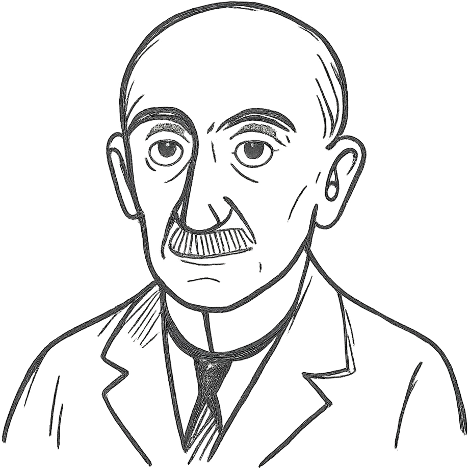 a hand drawn black outline portrait of philosopher Henri Bergson with similar-sized eyes based a famous photograph of him emoji