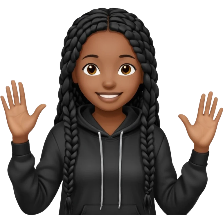 African American girl dark skin complextion long black box braids wearing plain black hoodie with hands raised emoji