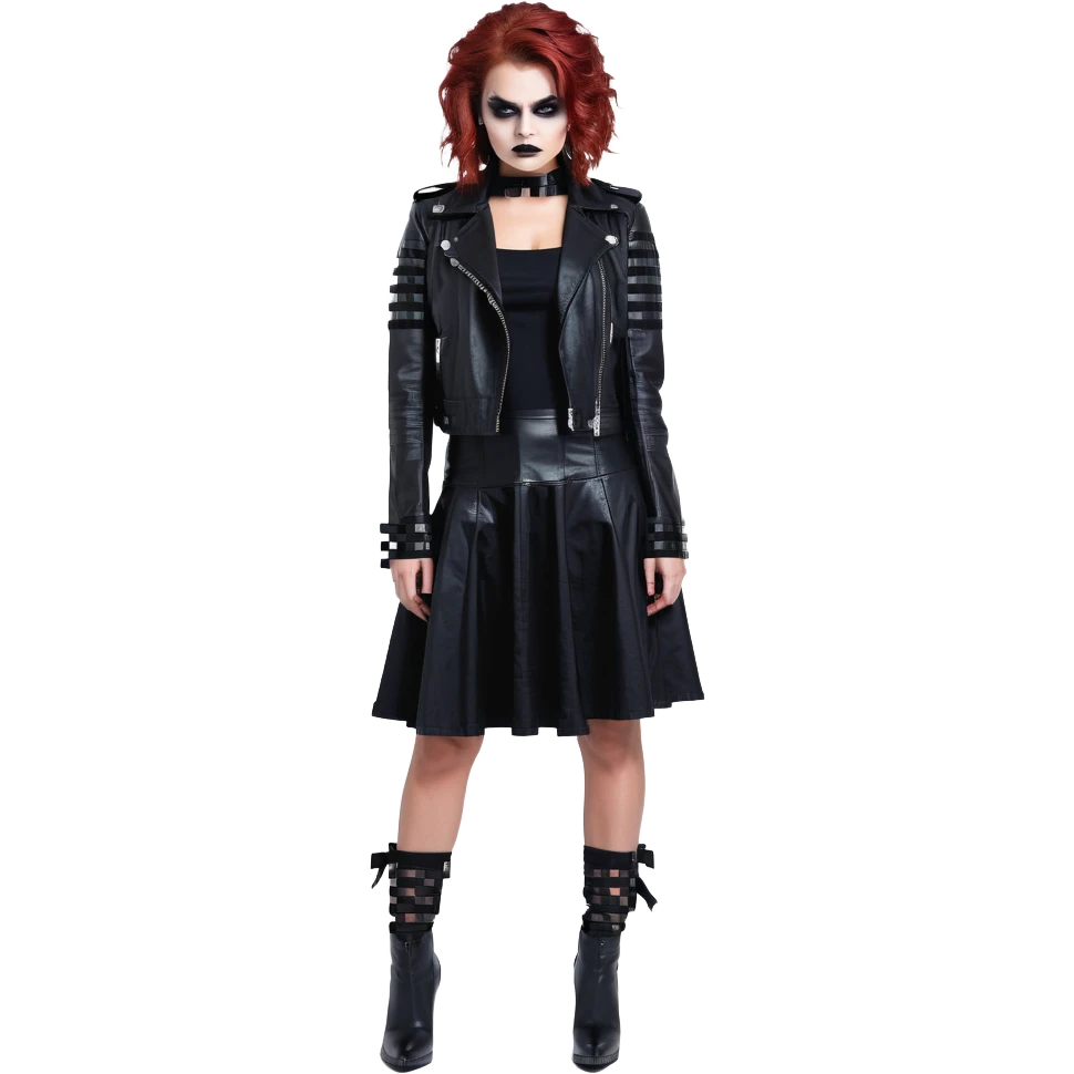 Chucky's bride wearing a black dress and black leather jacket, with dark makeup emoji