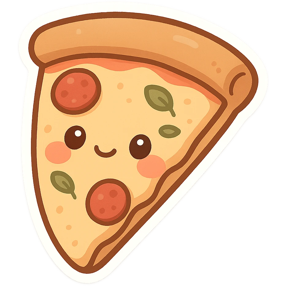 chibi slice of pizza with a cute face and blushing cheeks emoji