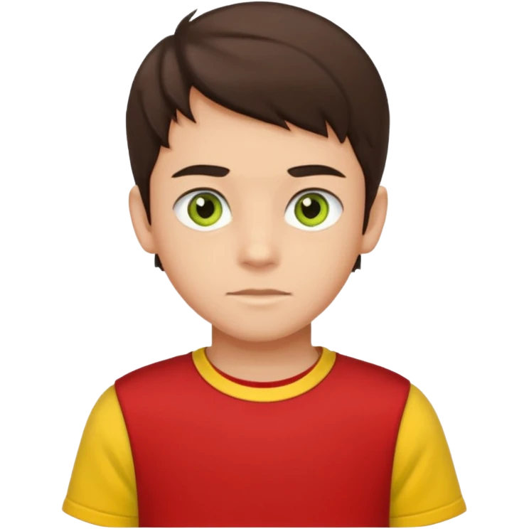 A portrait of a 14-year-old boy, he's got dark-brown hair, luight brownish skin and green hazel eyes. he's wearing a red t-sirt with yellow sleeves. emoji