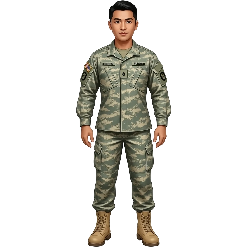 Filipino man airman battle dress uniform and tan combat boots full body emoji